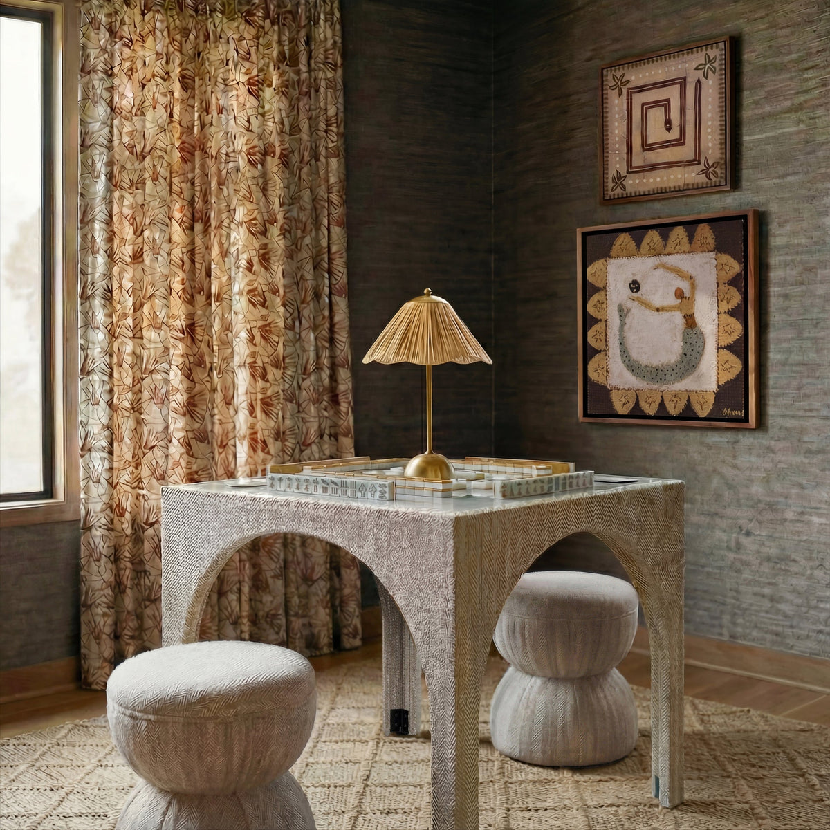 Teresa Beige Performance Chenille Game Table and Two Ottomans Set