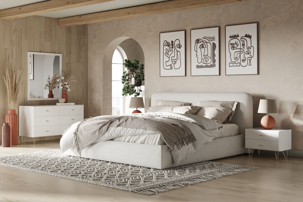 Monique Modern Ivory Fabric Upholstered Bed