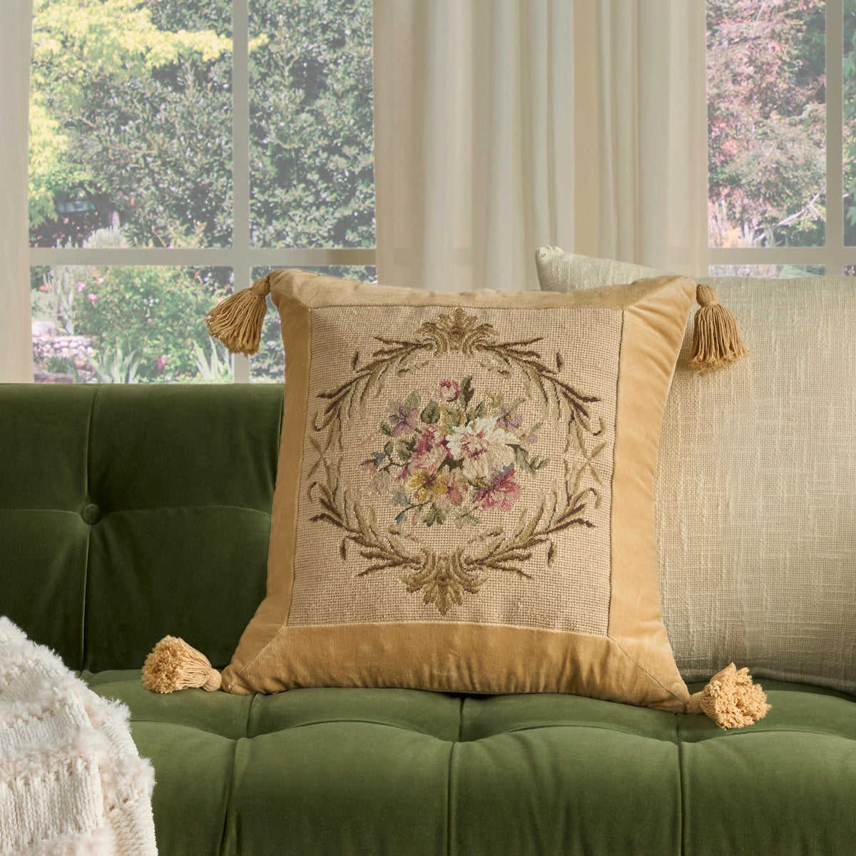 Taylor Vintage Beige Floral Bouquet 19" x 19" Throw Pillow