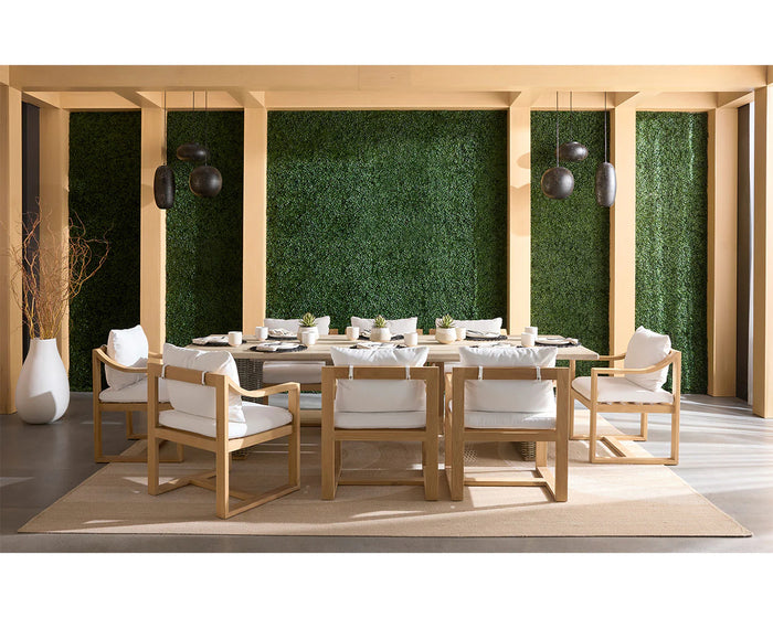 Viga Outdoor Natural Teak Wood 94.5" Dining Table & Tahiti Dining Armchairs (Set of 6)