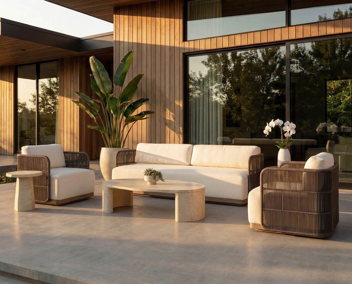 Savinah 60" Faux Travertine Concrete Indoor Outdoor Oval Coffee Table