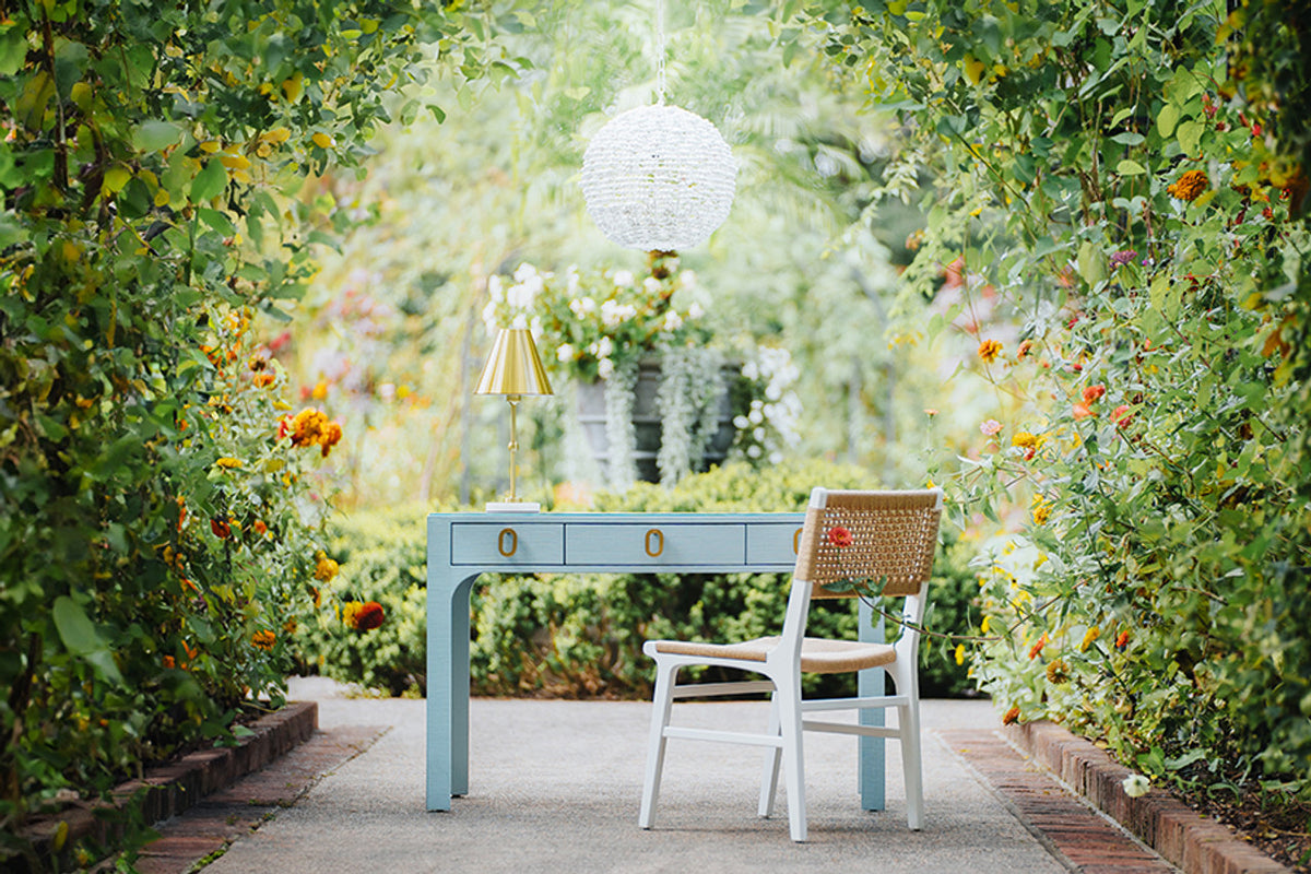 Amellia Light Blue Linen Glass Top Desk with Gold Accents