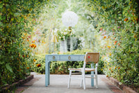 Amellia Light Blue Linen Glass Top Desk with Gold Accents