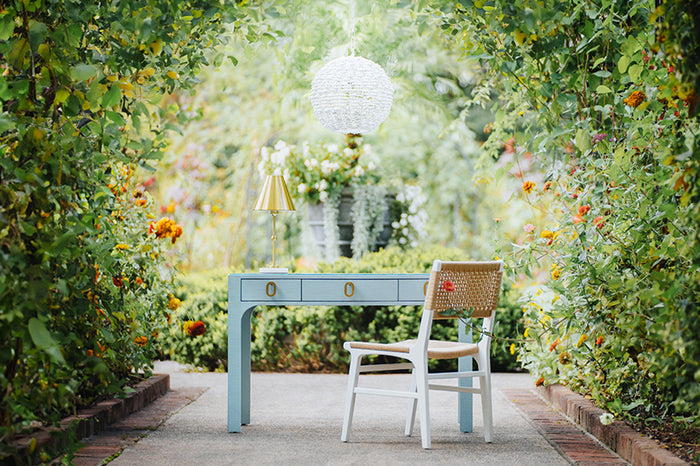 Amellia Light Blue Linen Glass Top Desk with Gold Accents