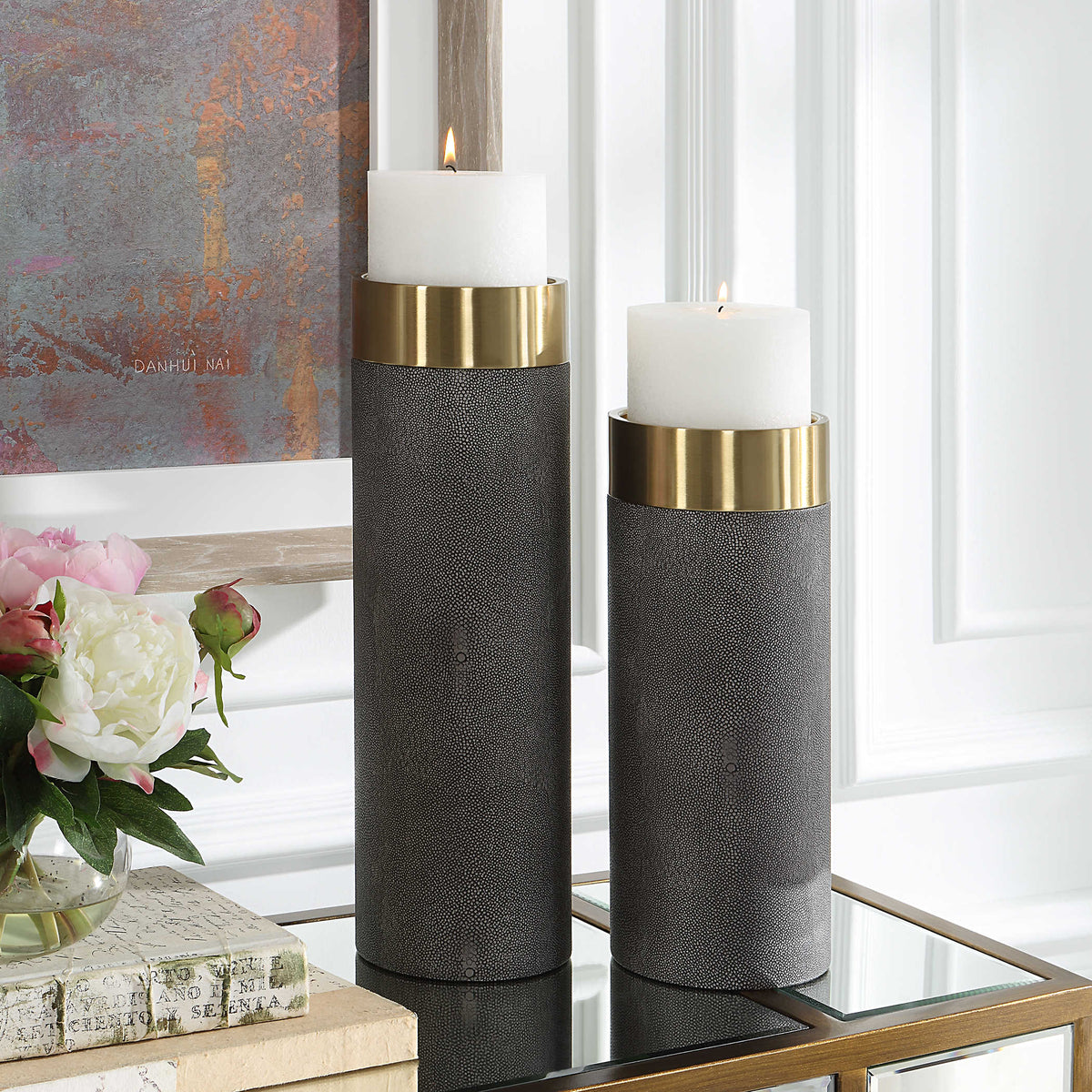 Lia Grey Faux Shagreen & Gold Candleholders (Set of 2)