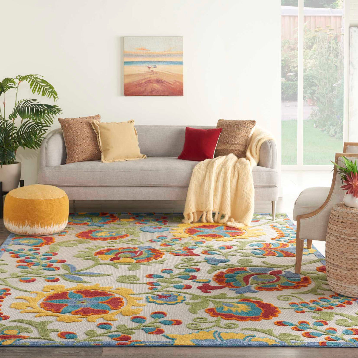 Annitra Indoor/Outdoor Ivory & Multicolor Flower Garden Area Rug - Elegance Collection