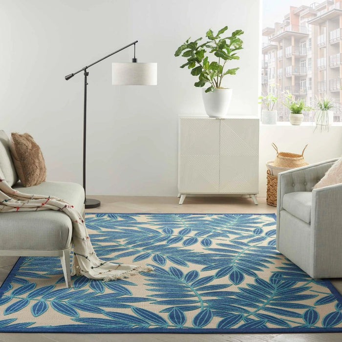 Annitra Indoor/Outdoor Natural Blue Swirling Vines Design Area Rug - Elegance Collection