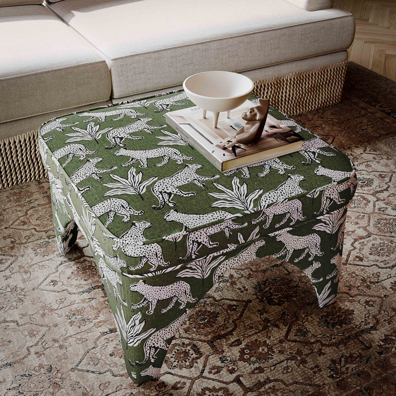 Kaelie Olive Green Leopard Jacquard Ottoman