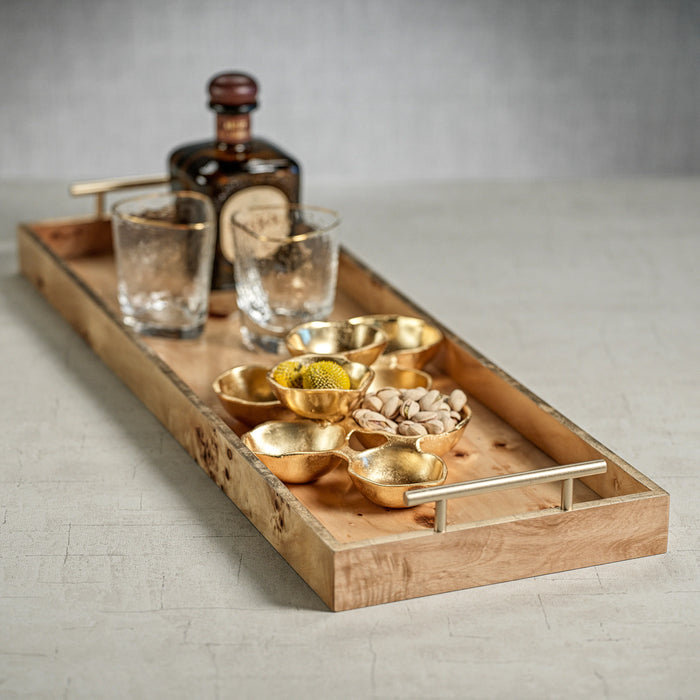 Adeline Large Burl Wood Retangular Tray with Gold Handles - Set of 2