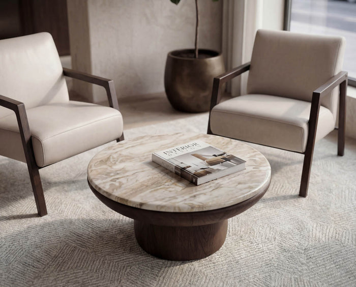 Orula 40" Faux Marble & Brown Oak Concrete Indoor/Outdoor Coffee Table