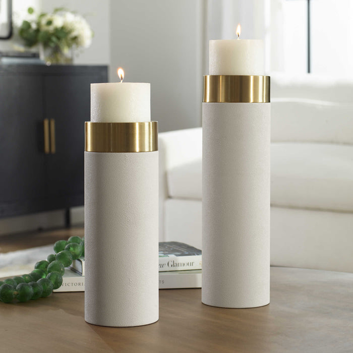 Lia White Faux Shagreen & Gold Candleholders (Set of 2)