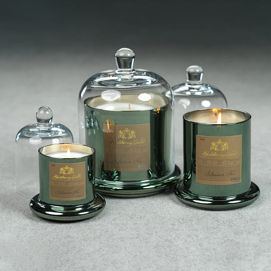 Apothecary Siberian Fir Scented Green Candle with Glass Dome - Set 0f 4 (2 Sizes Available)