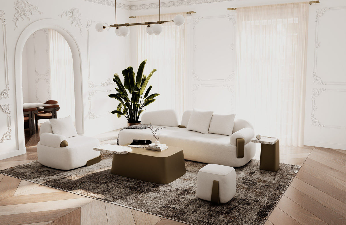 Grace 107" Modern Off-White & Antique Brass Sofa