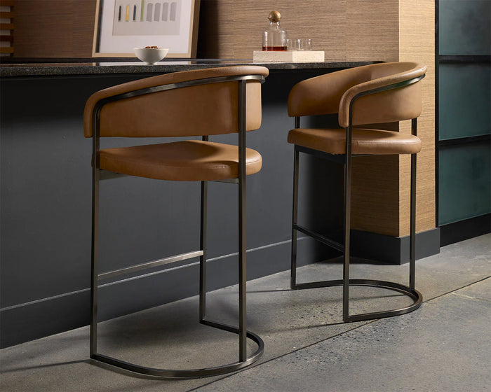 Marris Cognac Faux Leather & Gunmetal Barstool