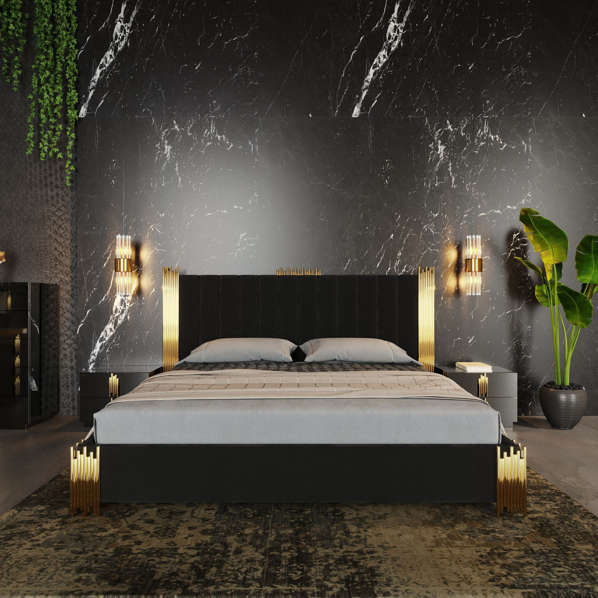 Aurelius Modern Black Velvet & Gold King Bed
