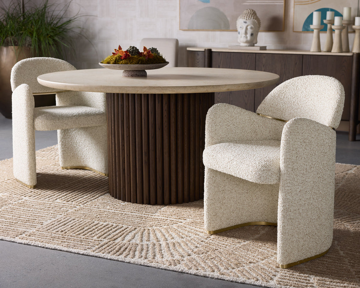 Banyan 59" Round Cream Marble & Fluted Oak Dining Table