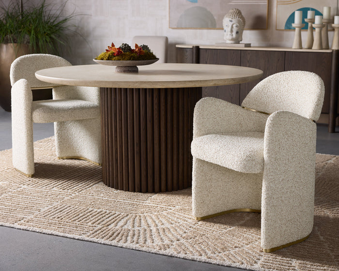 Banyan 59" Round Cream Marble & Fluted Oak Dining Table