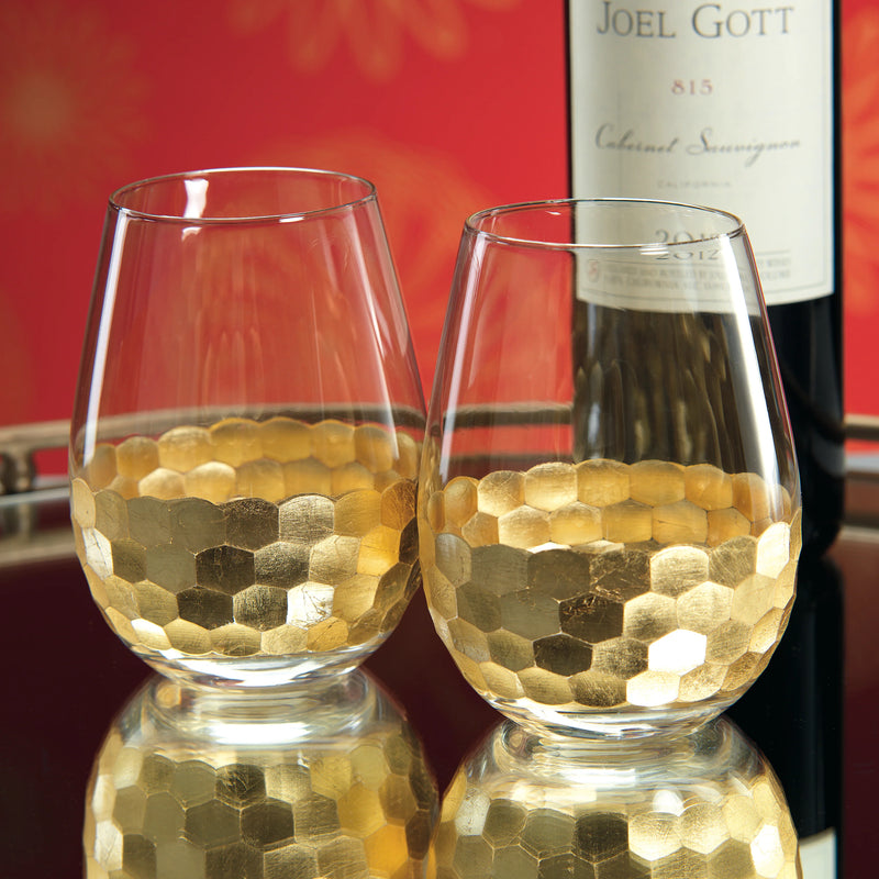 Fez Cut Stemless Wine Glass with Gold Leaf- Set of 12