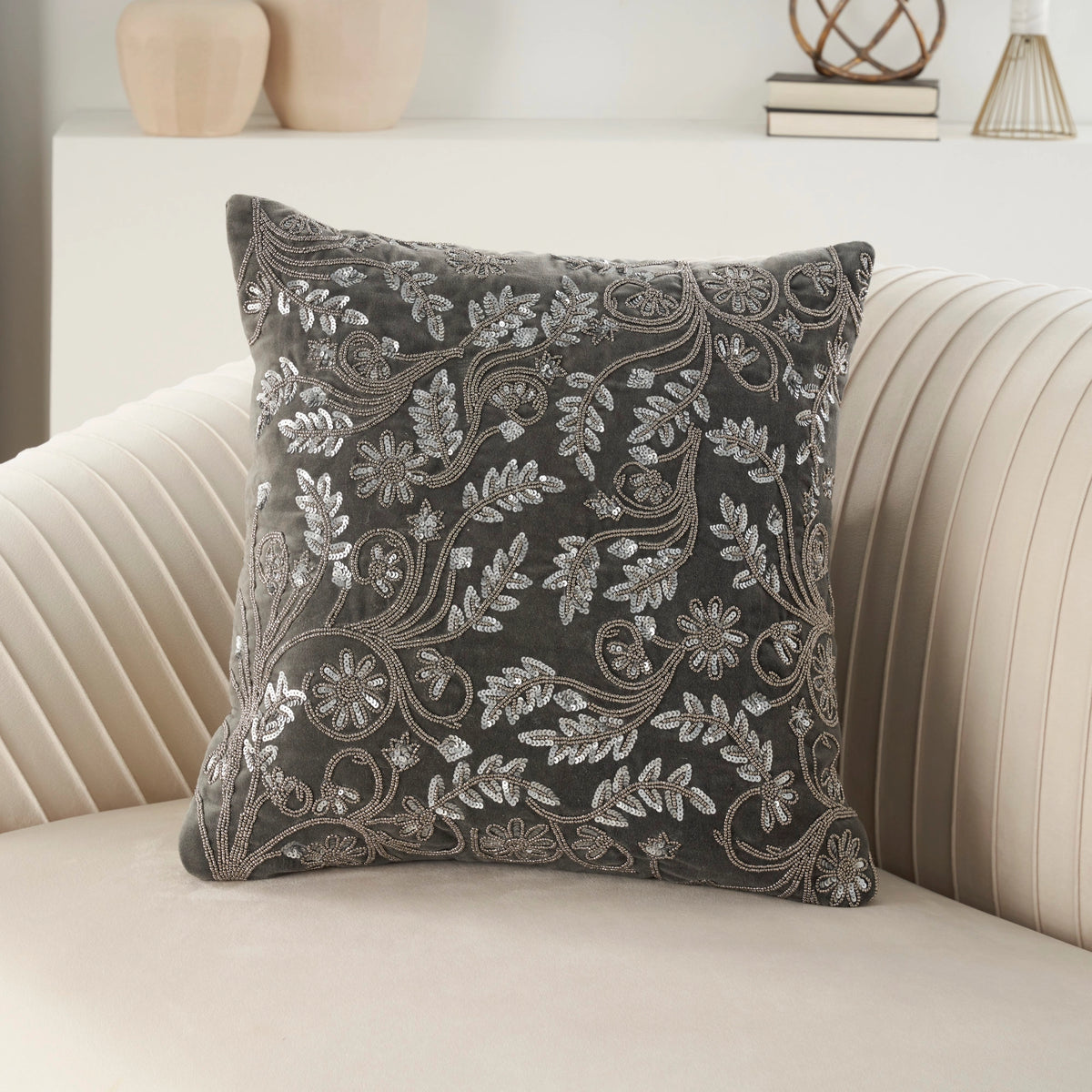 Delilah Grey Velvet 20" Hand-Beaded & Sequined Throw Pillow