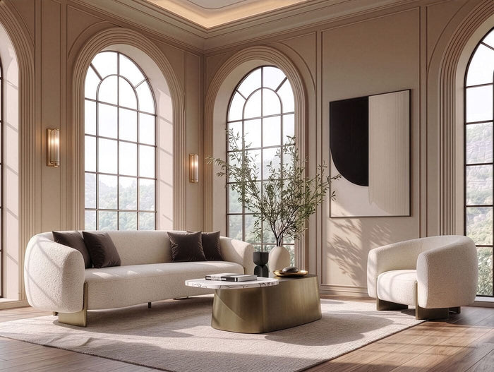 Magnolia 94.6" Modern Beige Upholstered & Antique Brass Sofa
