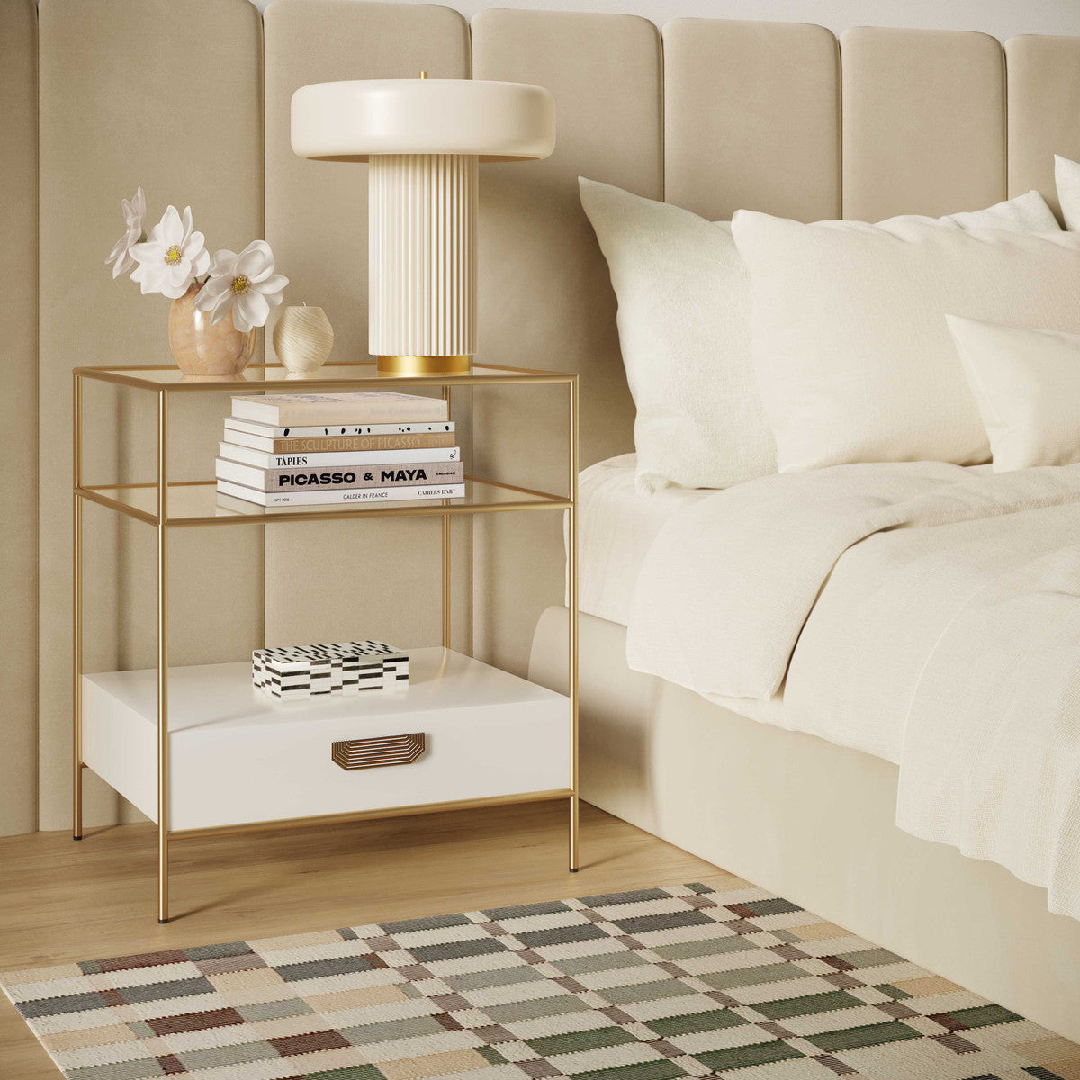 Syncere Cream Glass Nightstand - Luxury Living Collection