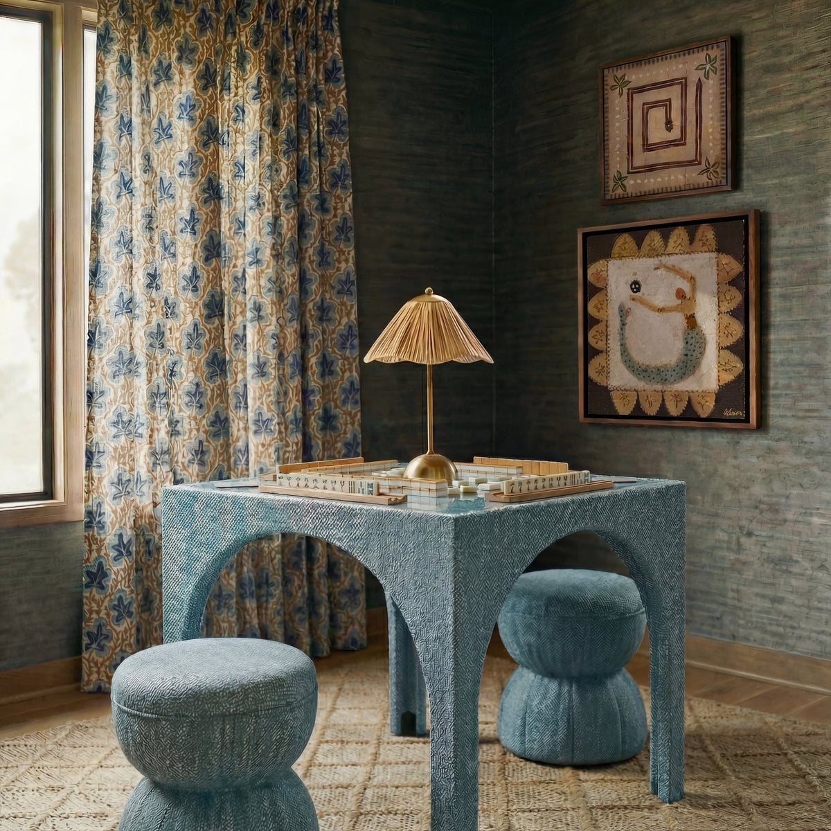 Teresa Teal Performance Chenille Game Table and Two Ottomans Set