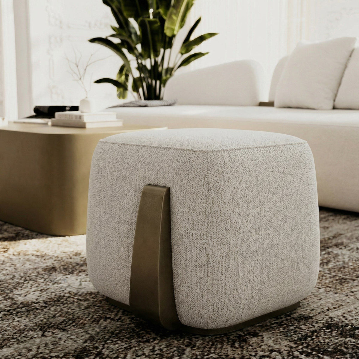 Grace 19.7" Modern Off-White & Antique Brass Ottoman