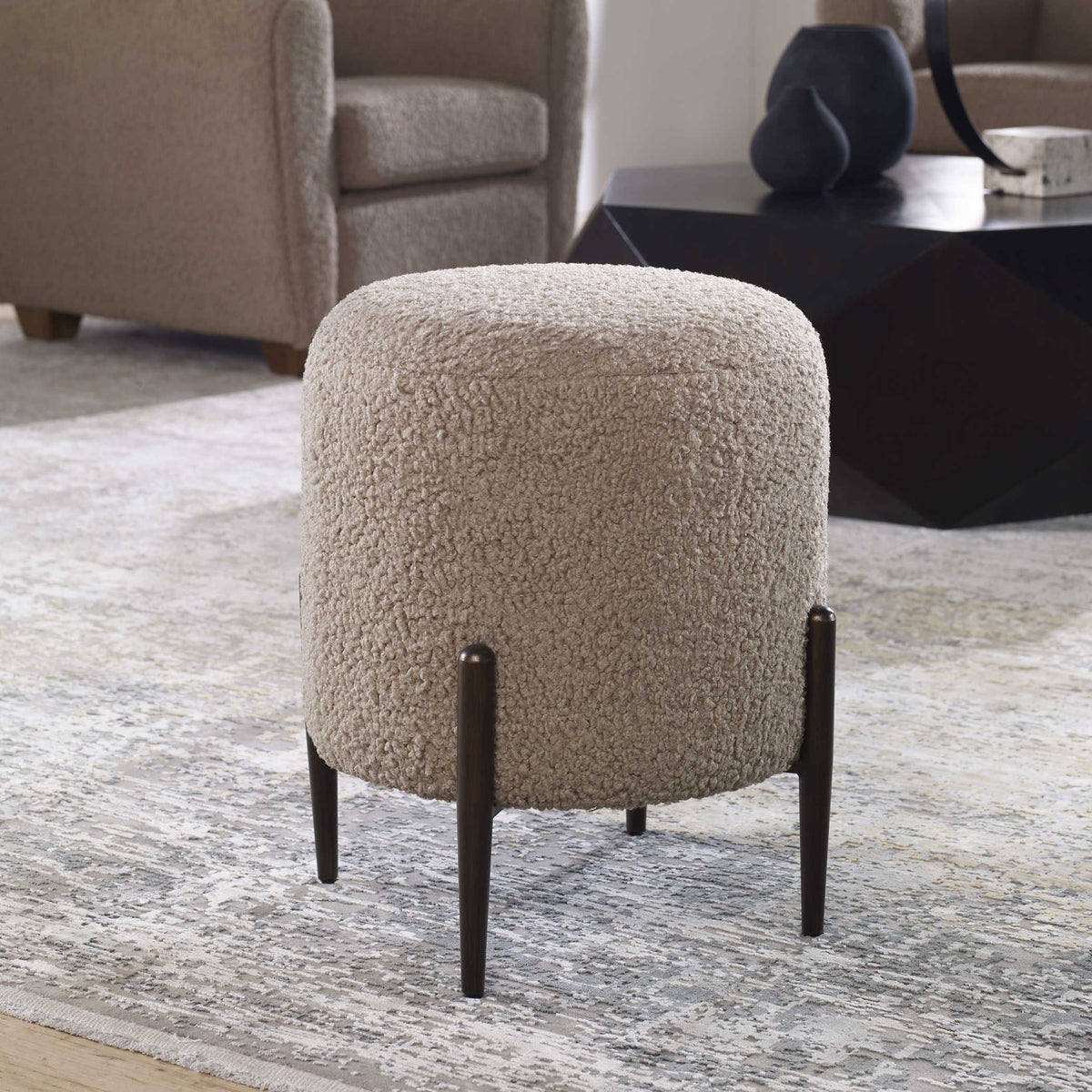 Riely Beige Faux Shearling & Bronze Ottoman