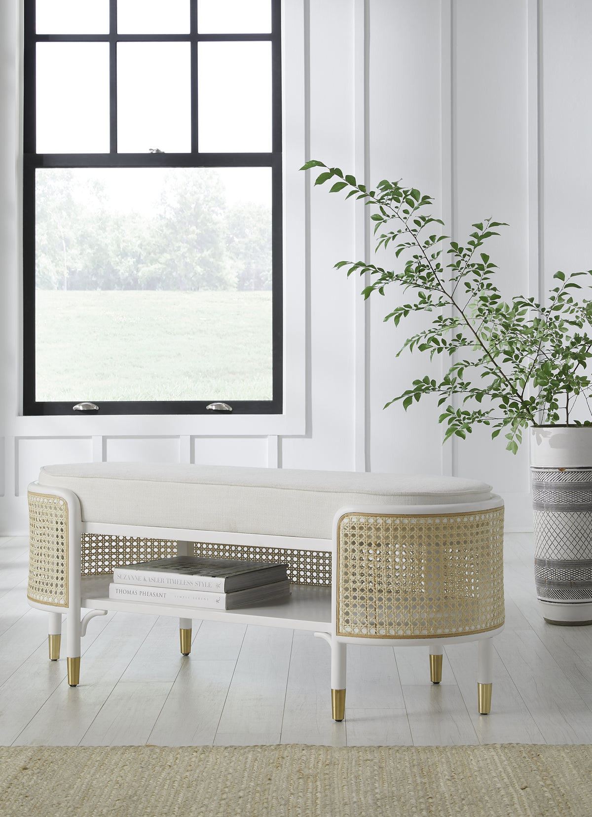 Dahlia Natural Woven Cane & Cerused Oak Bench