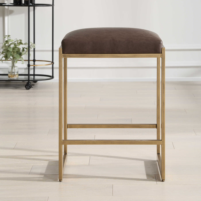 Lilla Brown Faux Leather & Brass Counter Stool
