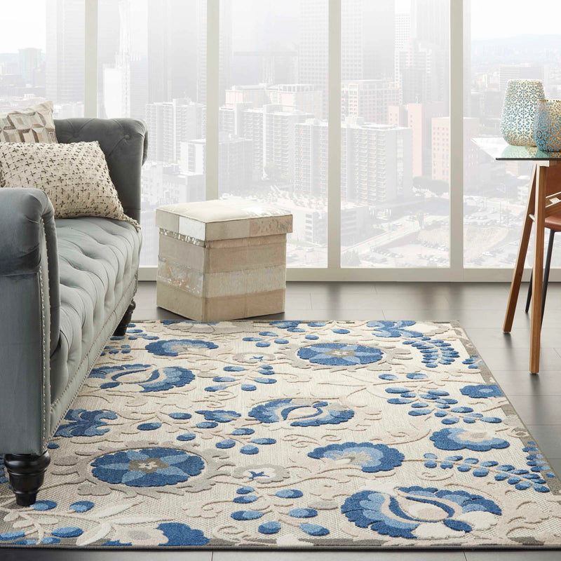 Annitra Indoor/Outdoor Natural Blue Swirling Vines Design Area Rug - Elegance Collection