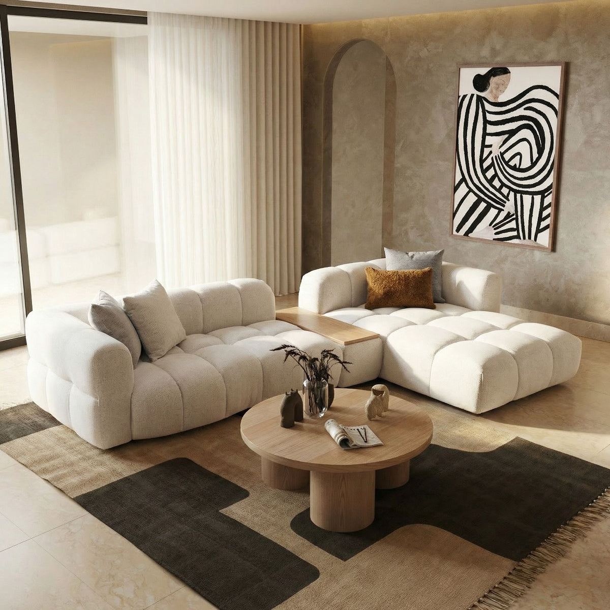 Anelle 128" Modern Beige Upholstered Sectional Sofa w/Console