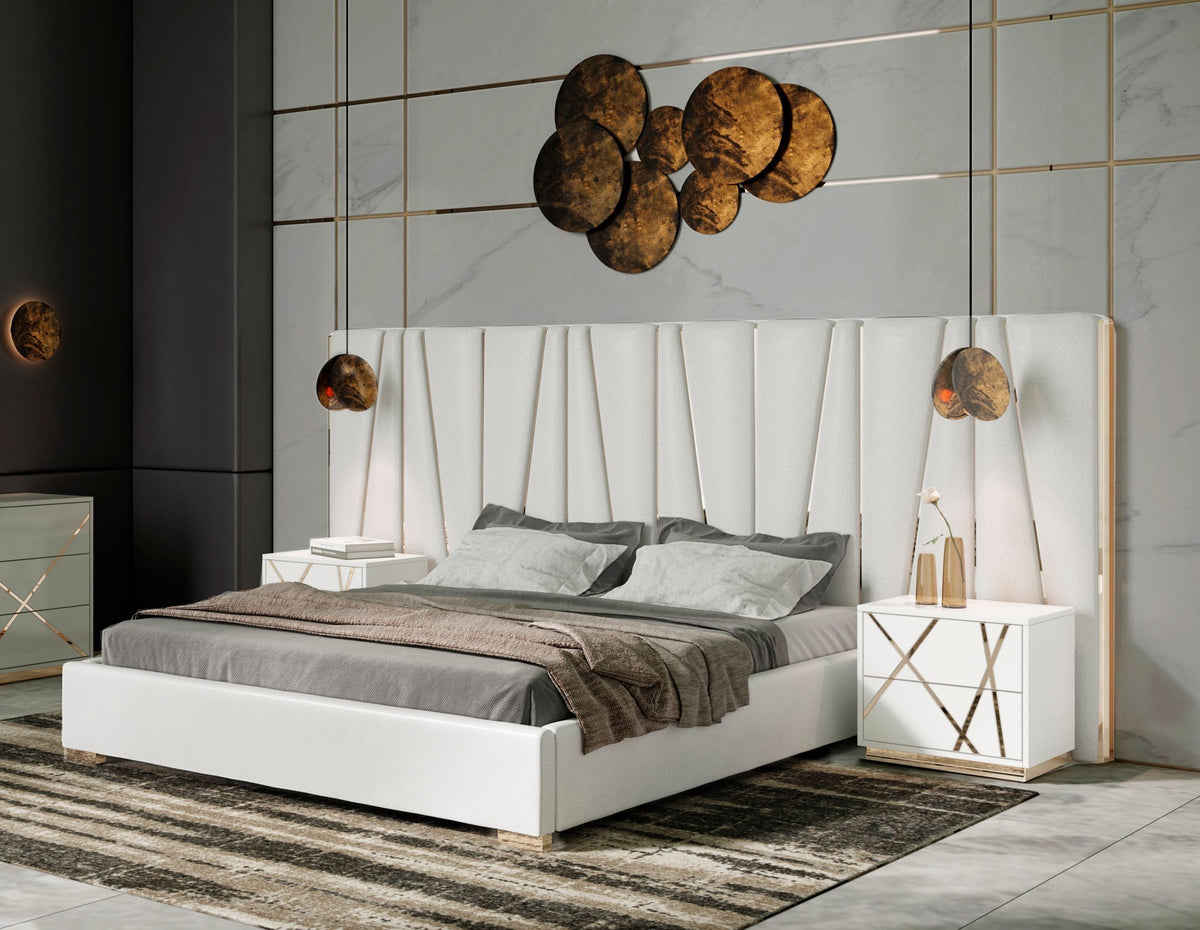 Ivo Modern White Bonded Leather & Gold Bed