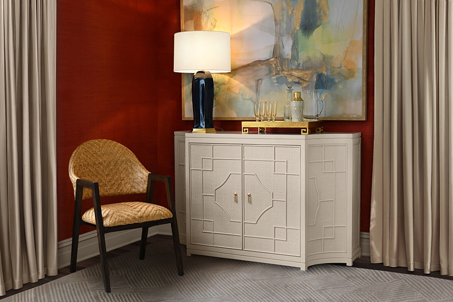 Cove 58" Antique White Rattan Overlay Cabinet