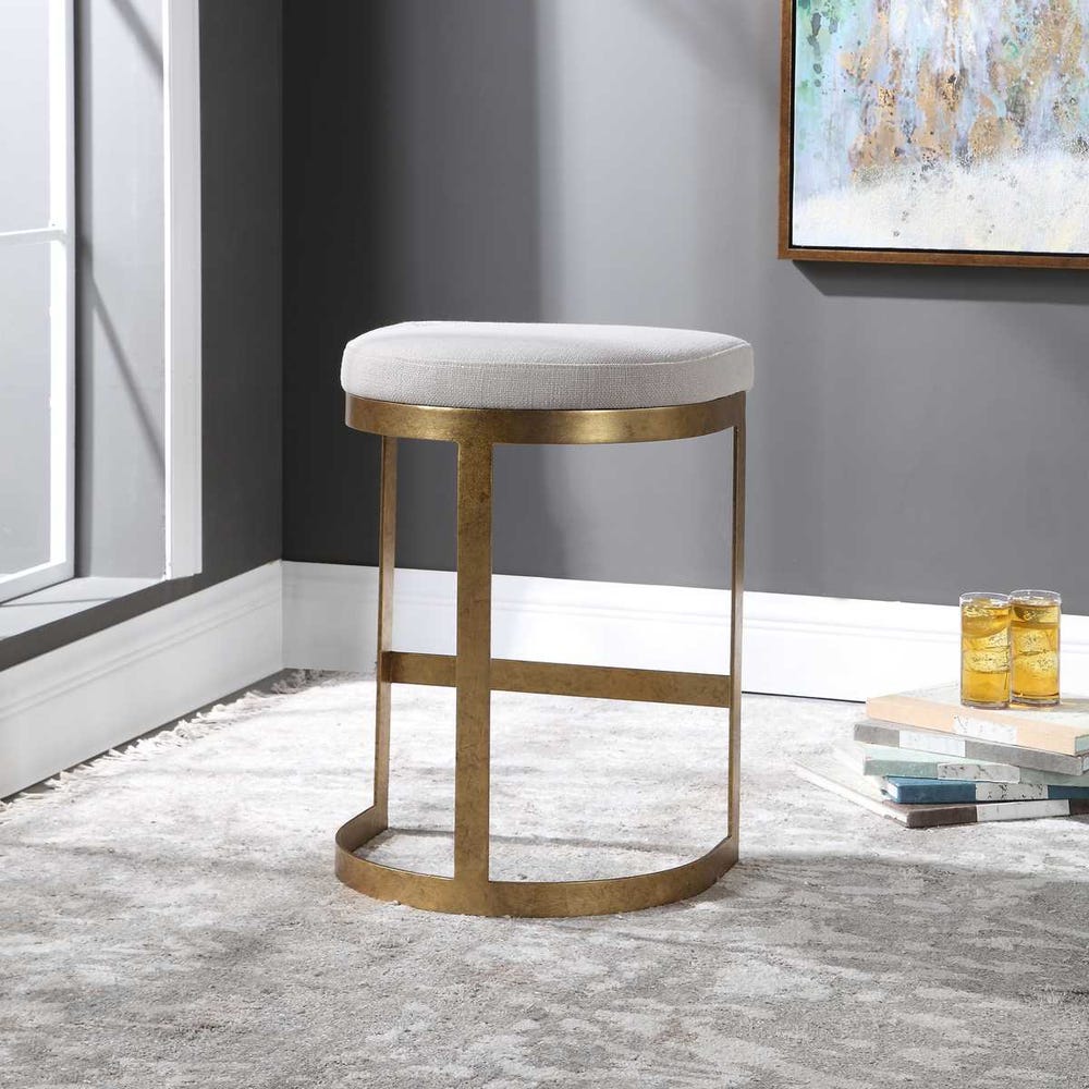 Crystal Off White Linen Counter Stool With Antique Gold Frame