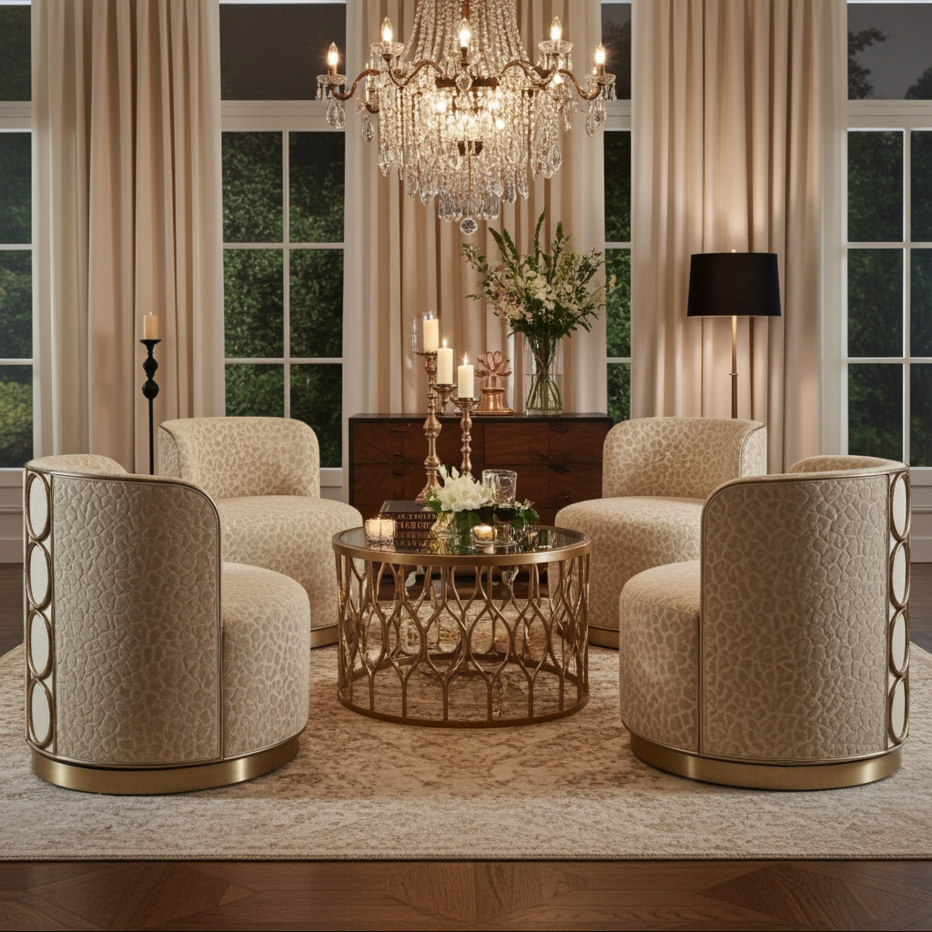 Rhumba Patterned Fabric & Burnished Silver Swivel Accent/Dining Chair