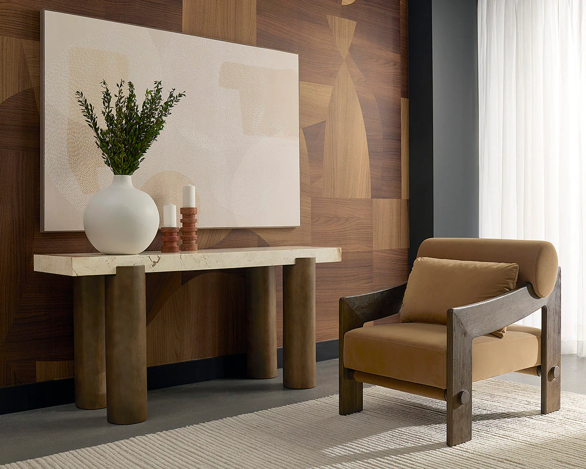Reizo Camel Fabric & Distressed Brown Oak Accent Chair