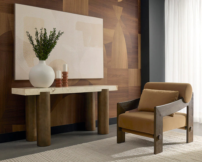 Reizo Camel Fabric & Distressed Brown Oak Accent Chair