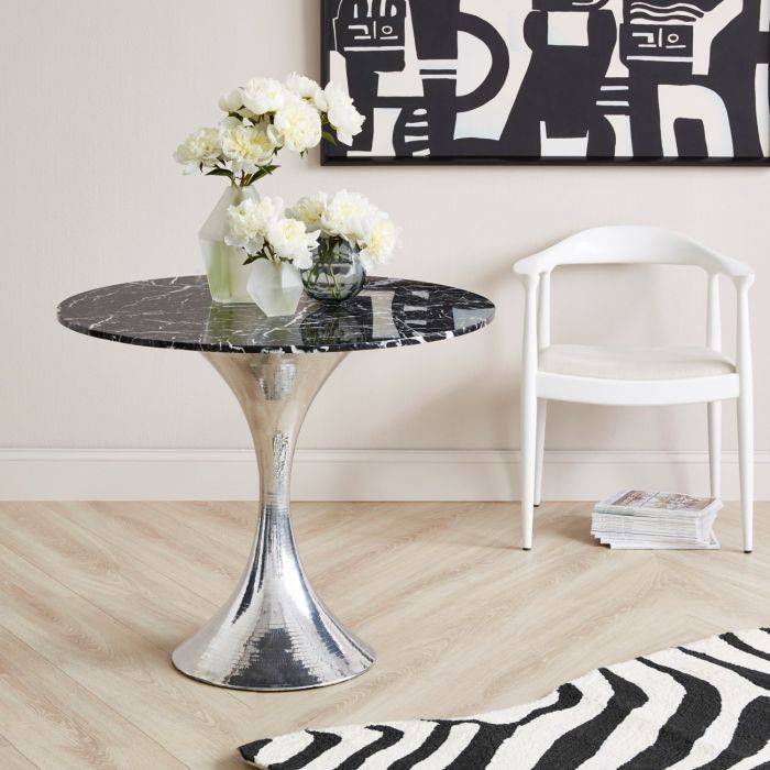 Ruthie 36" Black Round Dining Table/Entry Table, Nickel With Marble Top