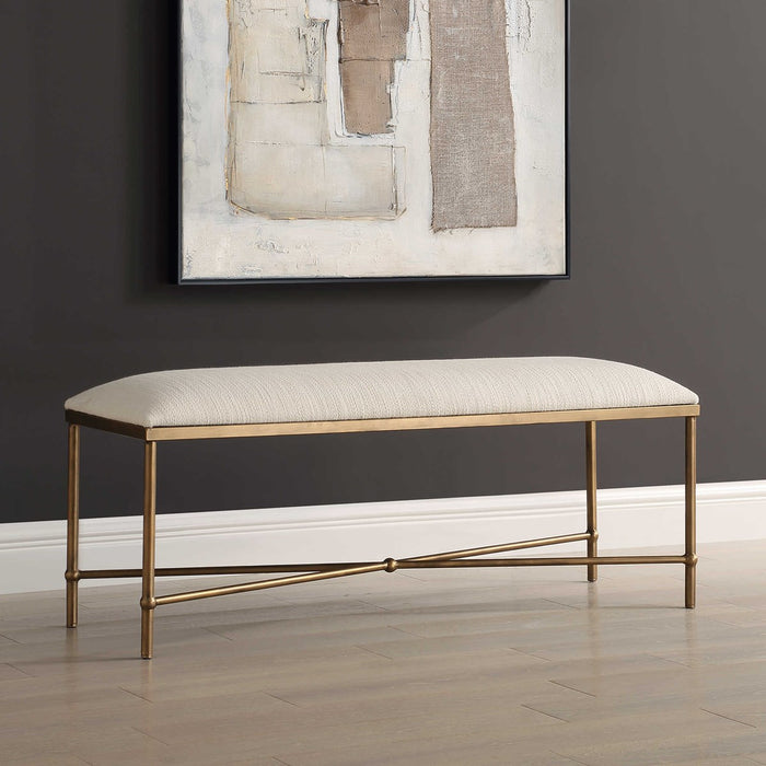 Adalee 51" Large Crisp White & Antique Gold Bench