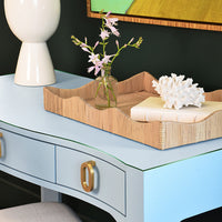 Amellia Light Blue Linen Glass Top Desk with Gold Accents