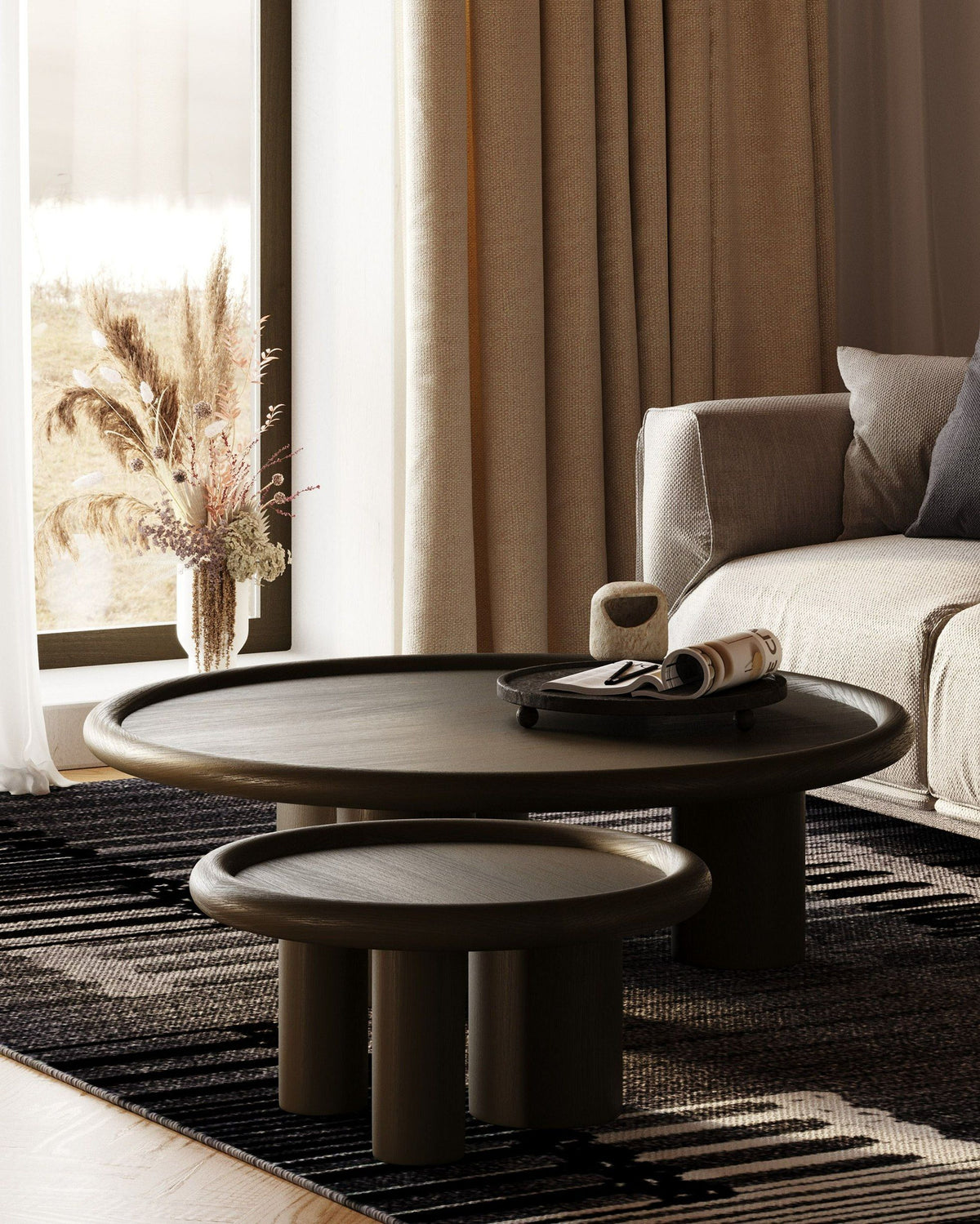Pheobe Contemporary Brown Ash Round Nesting Table Set