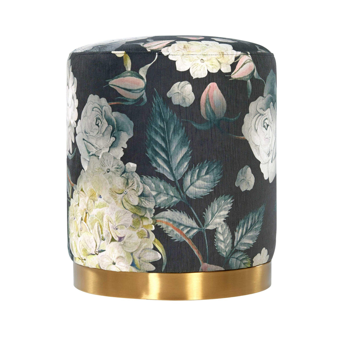 Naama Floral Performance Velvet with Gold Base Ottoman
