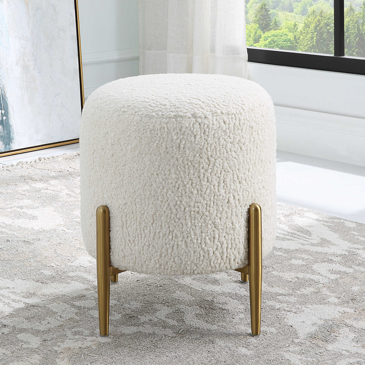 Riely White Faux Shearling & Brass Ottoman