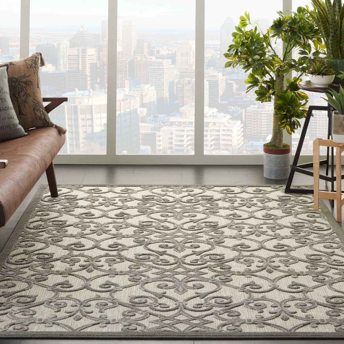 Annitra Indoor/Outdoor Grey Charcoal Vines Design Area Rug - Elegance Collection