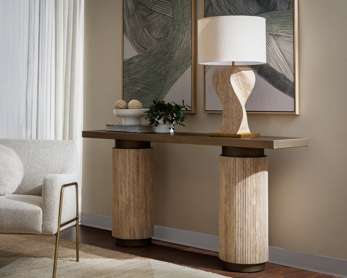 Ashva 68" Natural Travertine & Antique Brass Console Table