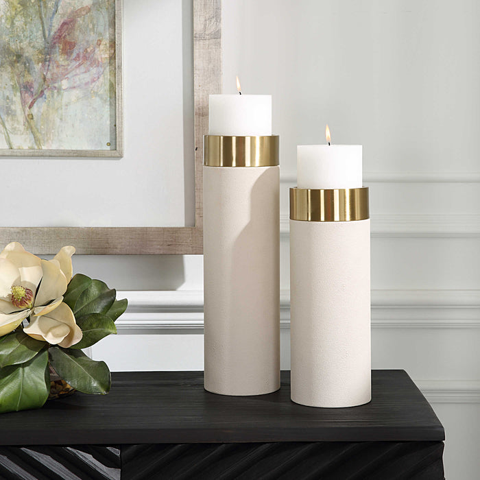 Lia White Faux Shagreen & Antique Brushed Brass Candleholders (Set of 2)