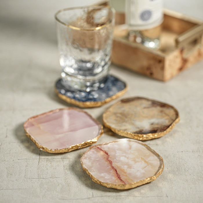Agate Marble Glass Coaster with Gold Rim - Yellow Orange Tone ( Set of 12)