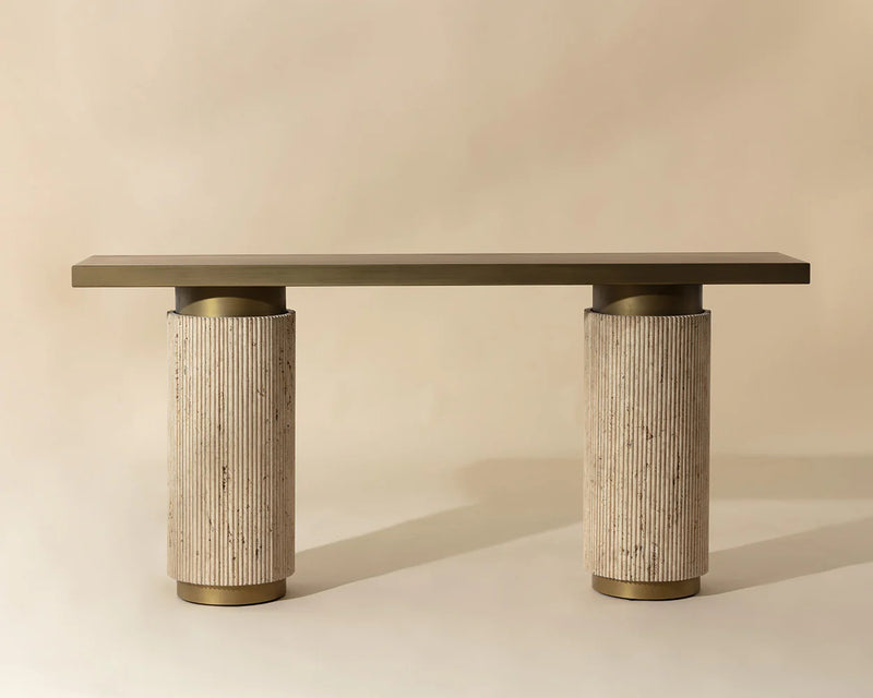 Ashva Natural Travertine & Brass Console Table