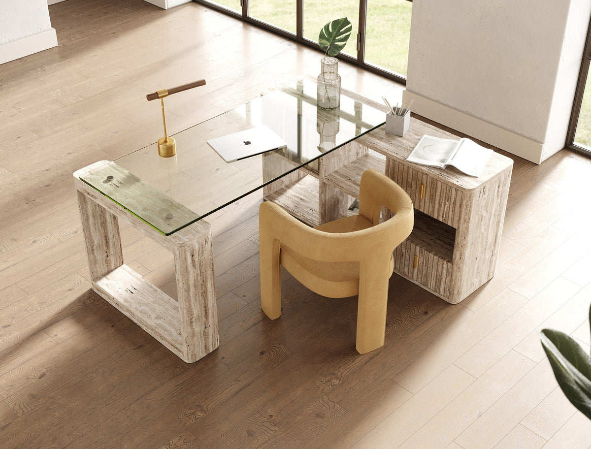 Roma Modern Glass & Faux Travertine Reversible Desk